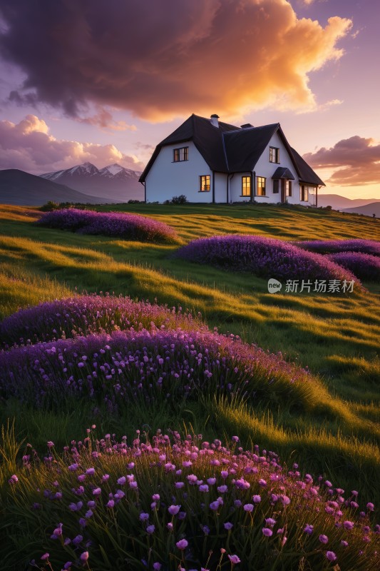 薰衣草田房子和日落高清图片