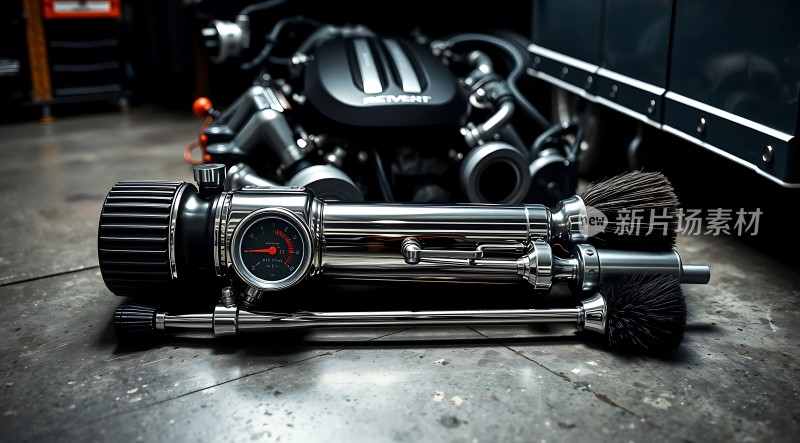 机械之美银色工具与黑色发动机