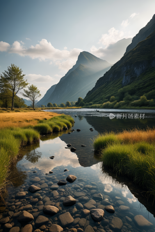 一条河流流经山谷高山清风景图片