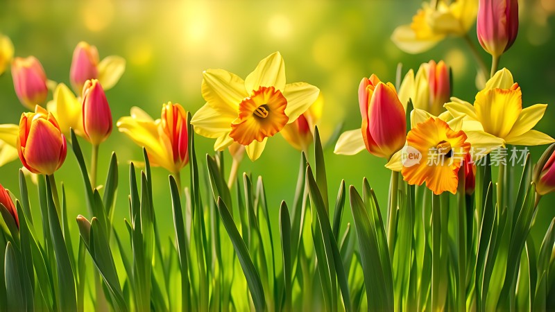 阳光下的郁金香与水仙花