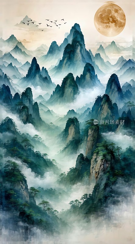 月下云雾缭绕的山川