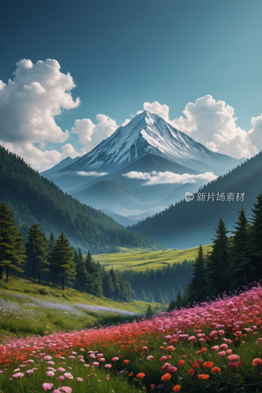 一座云雾缭绕的高山清插画图片