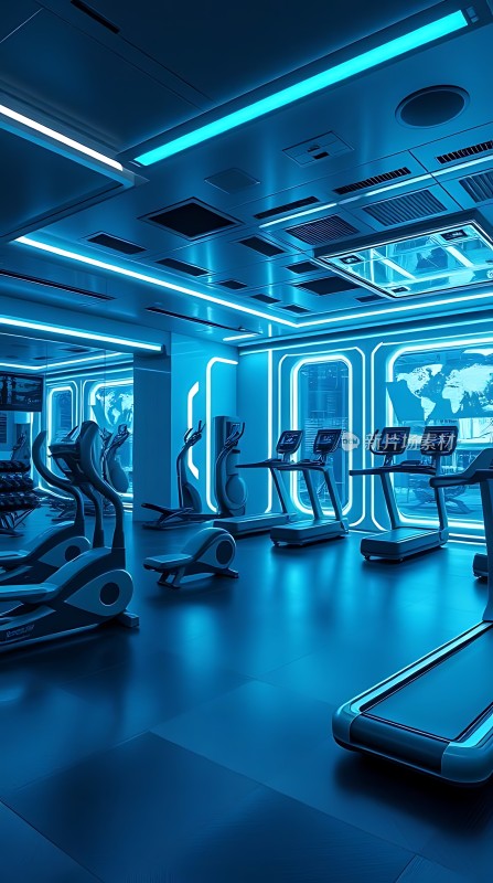 未来科技感健身房蓝色灯光下的跑步机与健身器材