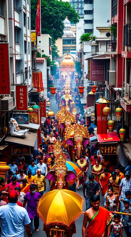 印度街头节日庆典色彩斑斓的游行队伍与热闹的人群