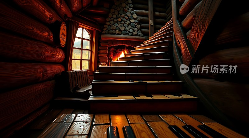 温馨木屋里的钢琴与壁炉