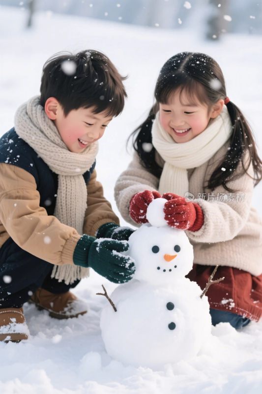 孩子堆雪人场景