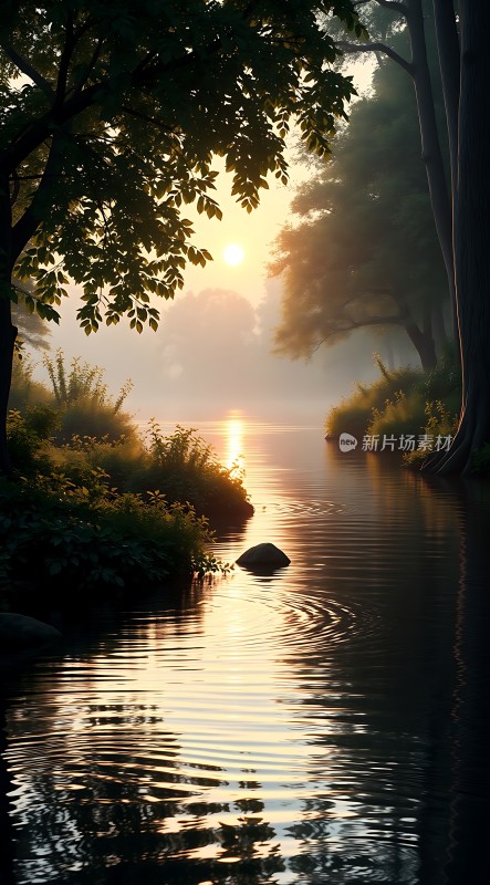 晨曦映照下的宁静湖畔