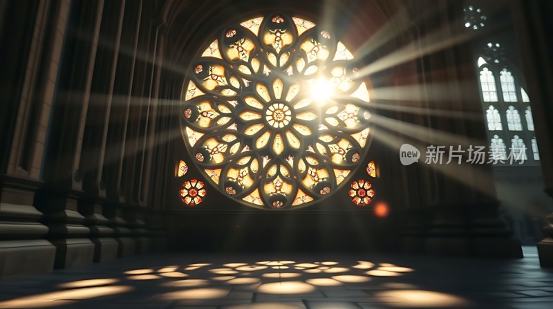 阳光透过彩色玻璃窗洒进教堂内部