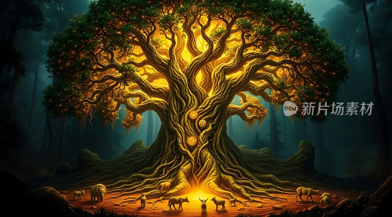 神秘森林之树下的动物聚会