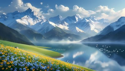 雪山下的宁静湖泊 雪山 湖泊 草地 鲜花 雪山下的宁静湖泊 雪山 湖泊 草地 鲜花