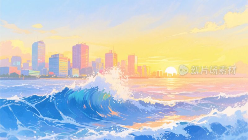 海边城市的壮丽日落景象
