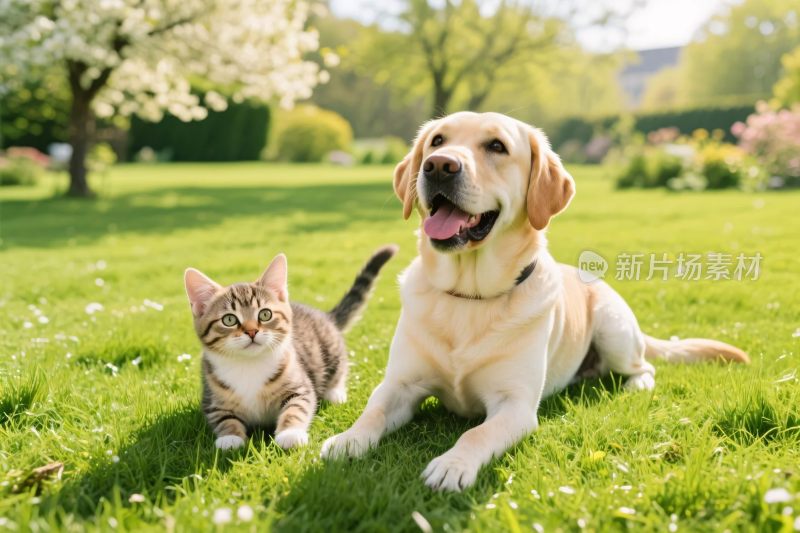 户外草地小狗小猫