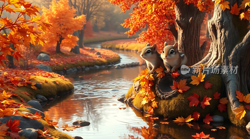秋日小溪边松鼠共赏美景