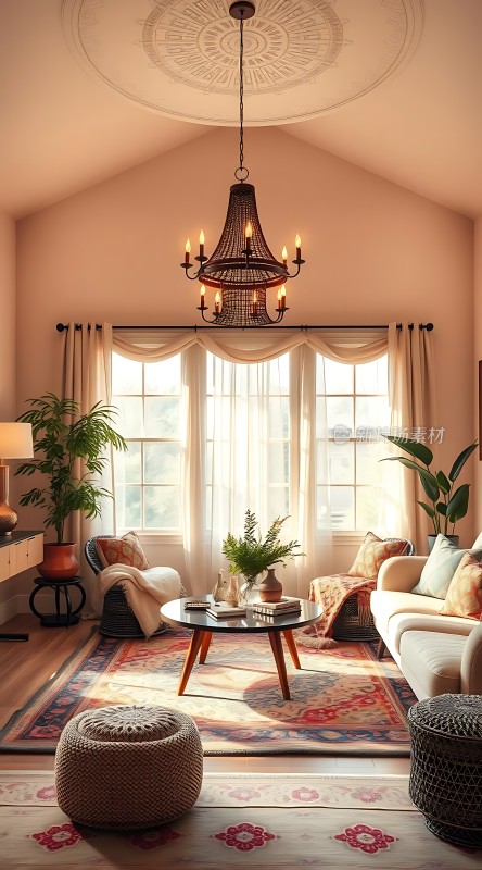 温馨客厅优雅吊灯舒适沙发自然绿植精美地毯