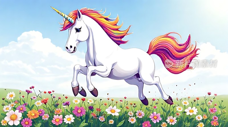 彩虹独角兽在花丛中奔跑