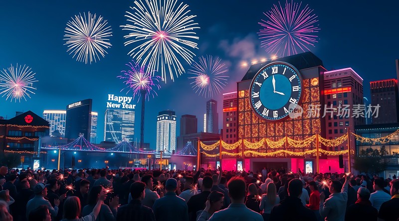 跨年夜烟花绽放时钟倒计时人群欢庆新年