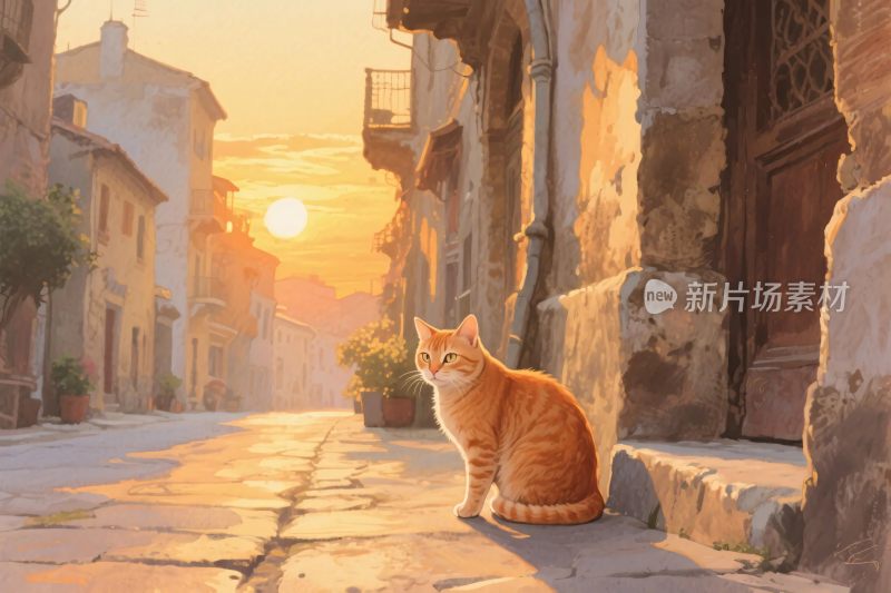 小镇夕阳下橘猫