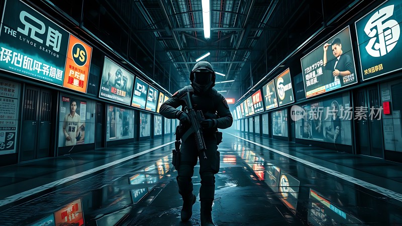 未来战士穿越霓虹灯下的城市走廊