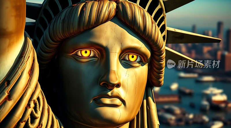 自由女神像特写背景城市景观