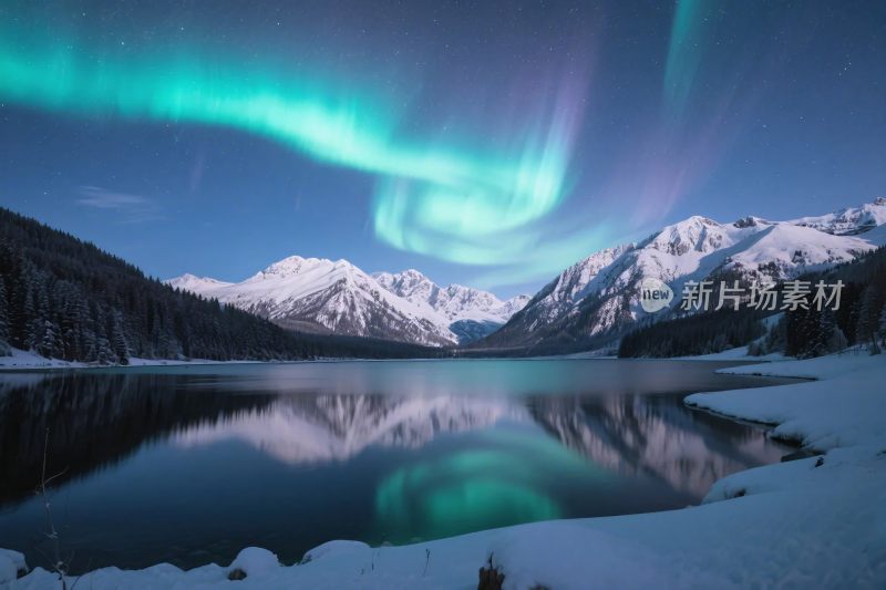 极光雪山湖泊美景