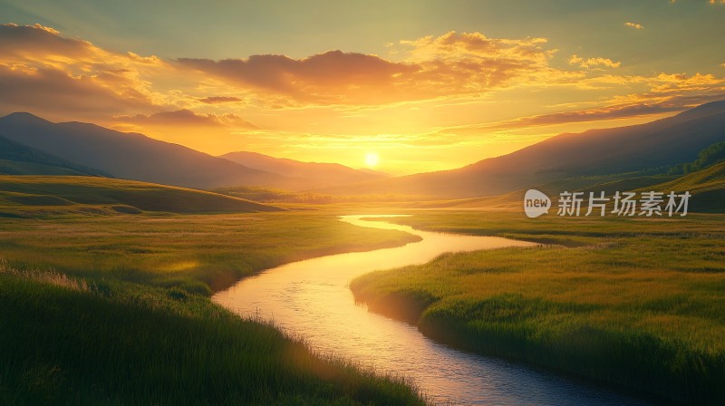 草原河流日出美景