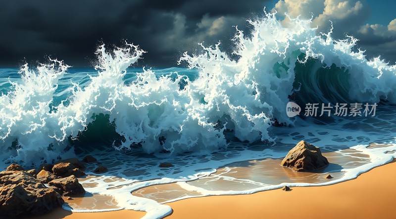 海浪拍岸沙滩礁石