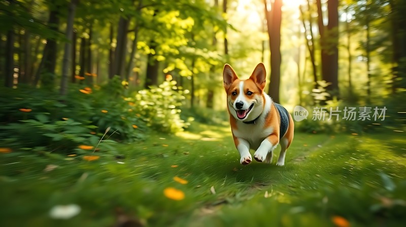 阳光下的快乐柯基犬在森林中奔跑