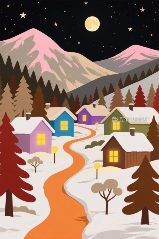 冬季乡村雪景插画
