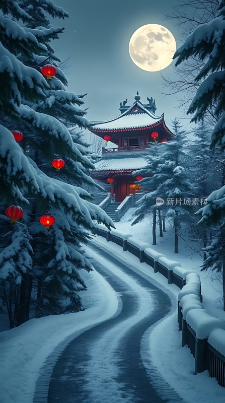 雪夜古寺灯笼映月