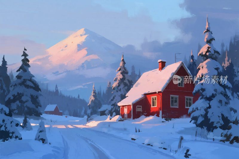 冬日雪景红色木屋