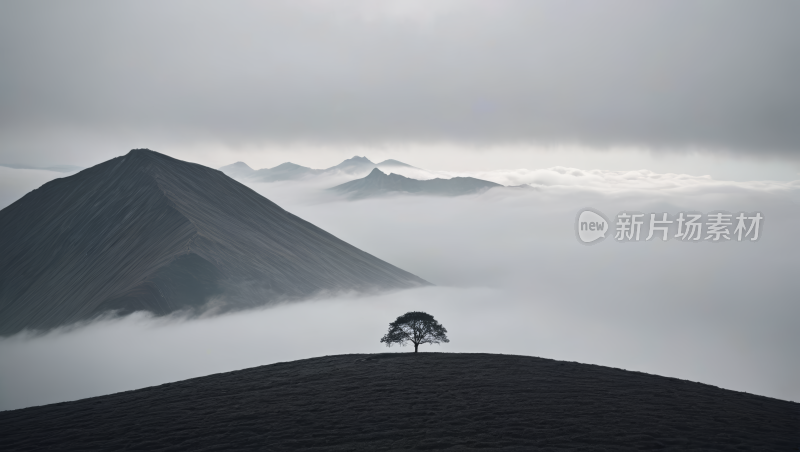 雾山山上的一棵孤树高清风景图片