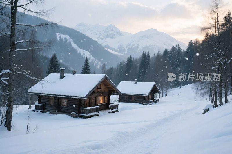 冬季雪景木屋风景