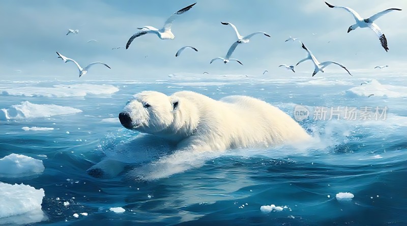 北极熊与海鸥共舞于冰封海域
