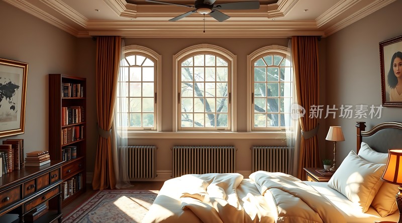 阳光洒满温馨卧室舒适床铺与书架相映成趣