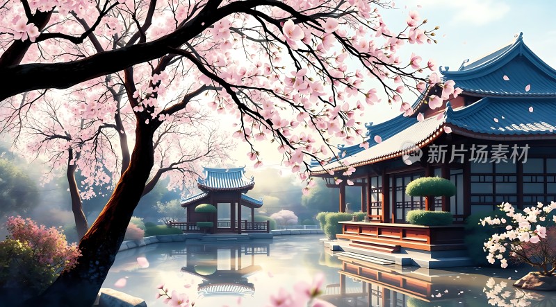 春意盎然古亭映湖畔