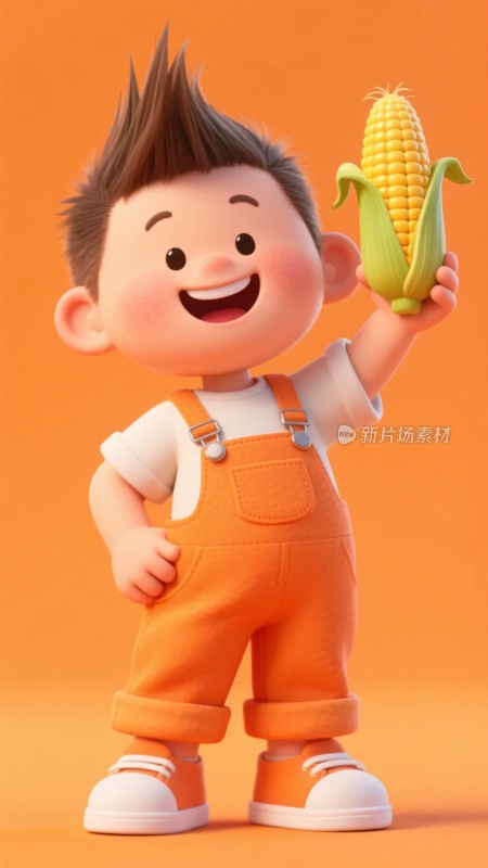 手持玉米的卡通小男孩