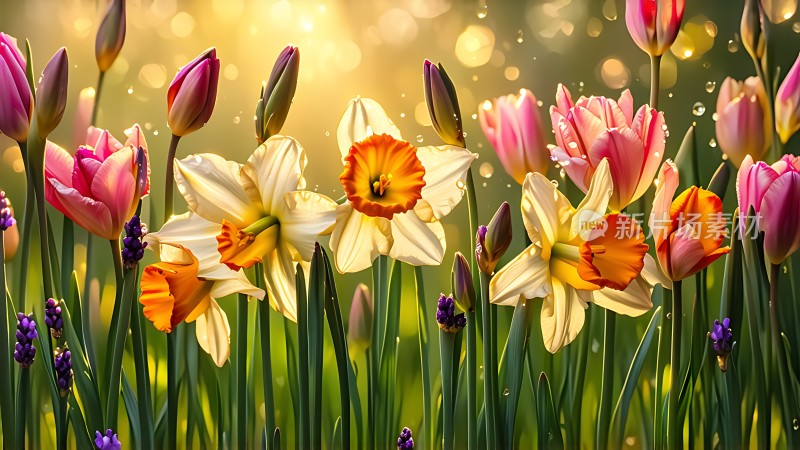 阳光下的多彩郁金香与水仙花