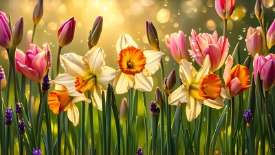 阳光下的多彩郁金香与水仙花 阳光下的多彩郁金香与水仙花