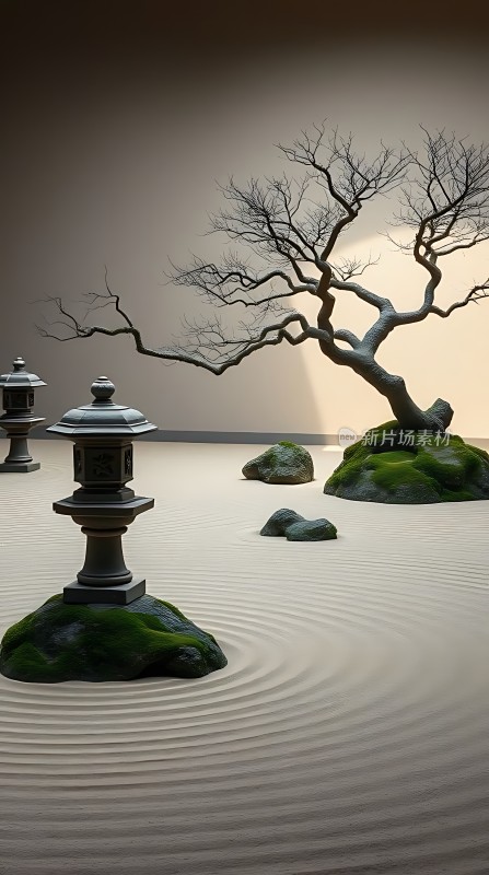 禅意小景石灯与枯树