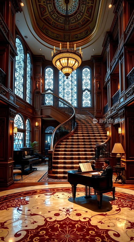 钢琴演奏者与豪华大厅