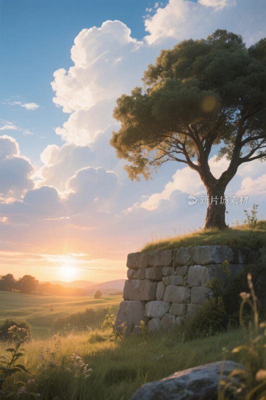 夕阳古堡风景插画