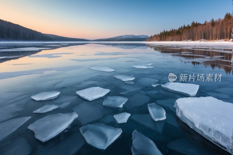 浮冰漂浮在树林中央的一个湖上高清图片