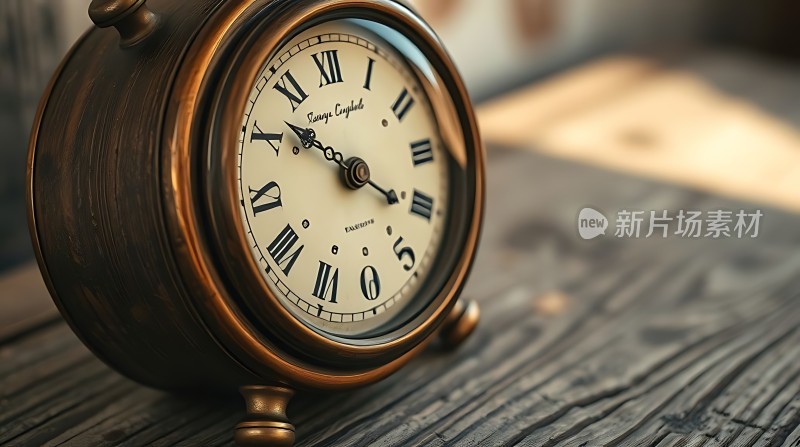 古铜色时钟静置木桌