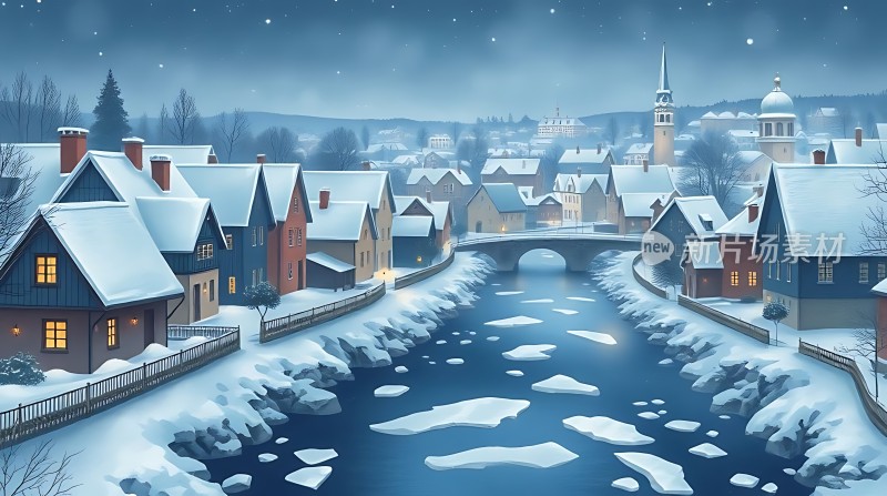 雪夜小镇温馨宁静
