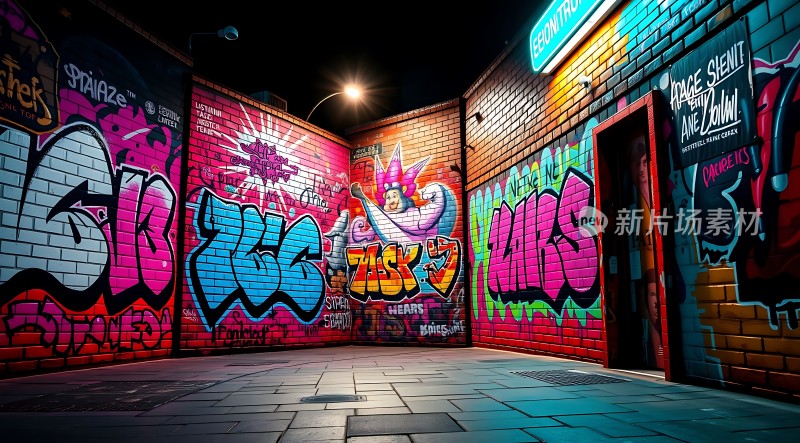 街头艺术之夜霓虹与涂鸦的碰撞