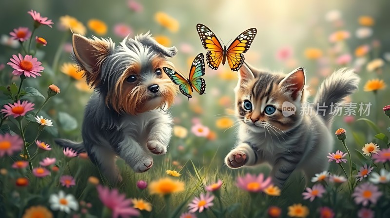 小猫小狗共舞花丛间蝴蝶翩翩起舞