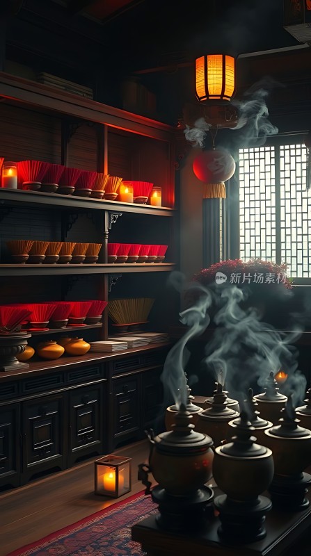 古香古色书房红黄笔架与香炉