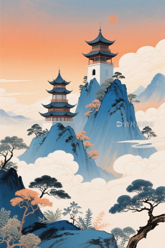 古风山水古建风景插画