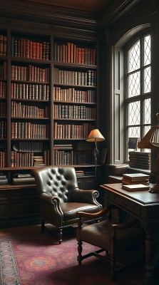 古典书房书架、皮椅与桌灯营造优雅氛围