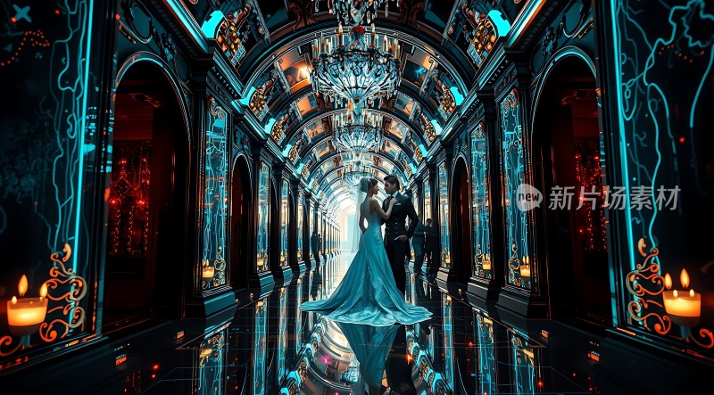 蓝色舞者华丽宫殿中的浪漫瞬间